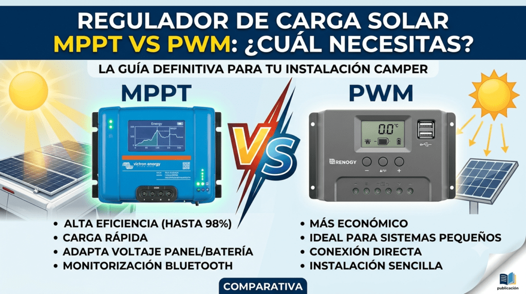Regulador de carga solar conectado a una batería en el interior de una furgoneta camper