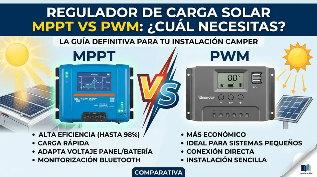 Regulador de carga solar conectado a una batería en el interior de una furgoneta camper