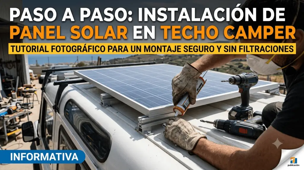 Instalación de un panel solar en el techo de una furgoneta camper, con taladro y guantes de trabajo