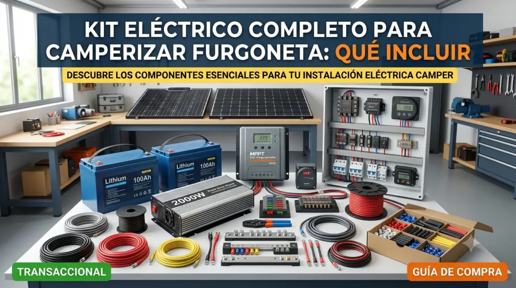 Componentes de un kit eléctrico completo para camperizar furgoneta sobre un banco de trabajo