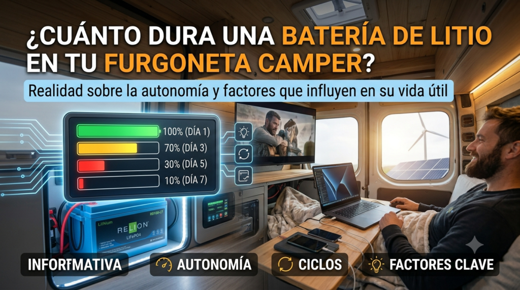Persona trabajando en el interior de una furgoneta camper junto a una batería de litio y un panel de control de autonomía