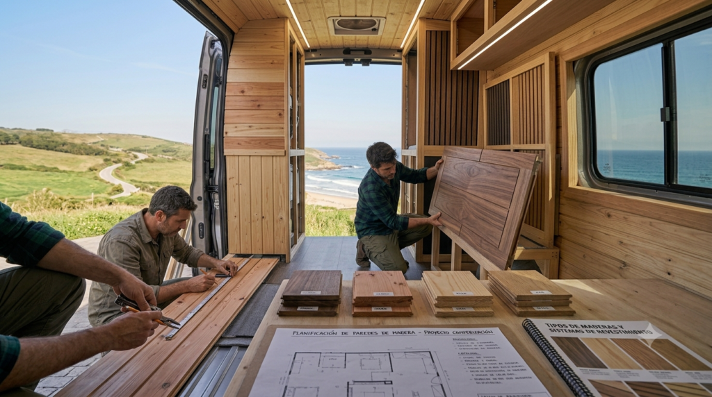 Dos personas instalando paneles de madera en las paredes interiores de una furgoneta camper