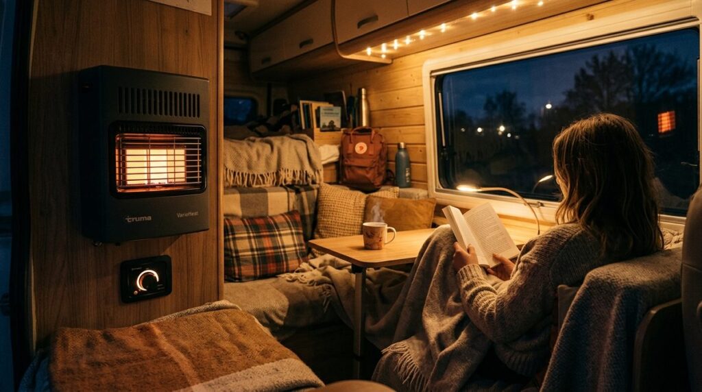 Pequeño calefactor de gas encendido en el interior de una furgoneta camper por la noche