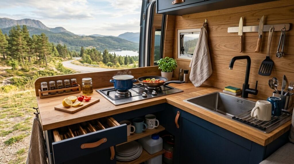Módulo de cocina de una furgoneta camper con placa de gas, fregadero y encimera de madera clara