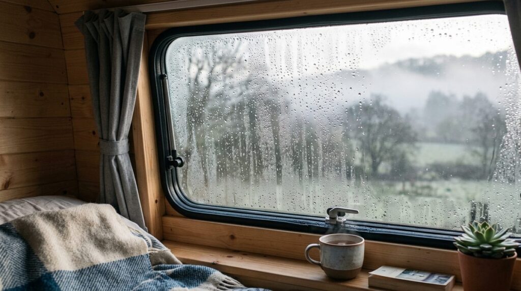 Ventana interior de una furgoneta camper con gotas de condensación en una mañana fría
