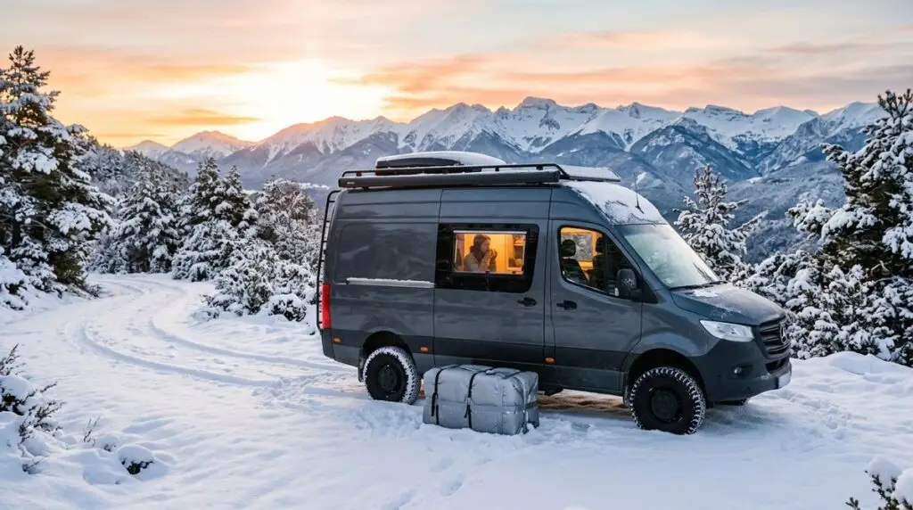 Furgoneta camper aparcada en la nieve con el depósito de agua exterior envuelto en aislante térmico