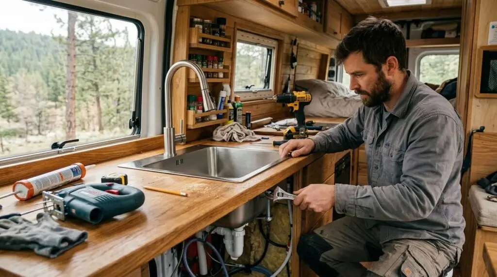 Instalación de un fregadero de acero inoxidable en la encimera de madera de una furgoneta camper