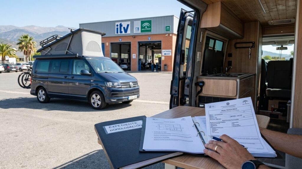 Furgoneta camperizada aparcada frente a una estación de ITV con documentación sobre el capó