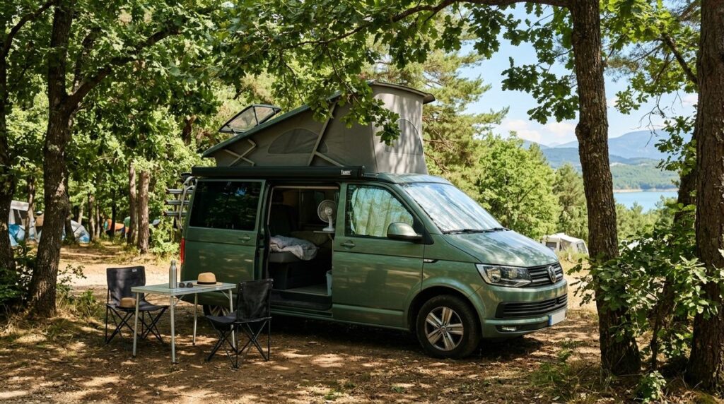 Furgoneta camper aparcada a la sombra de árboles en verano con parasoles térmicos en el parabrisas