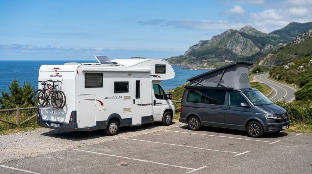 Autocaravana grande y furgoneta camperizada aparcadas una junto a otra para comparar tamaño