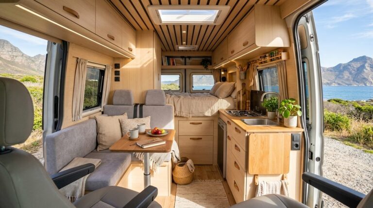 Interior completo de una furgoneta camperizada con cama, cocina y zona de estar