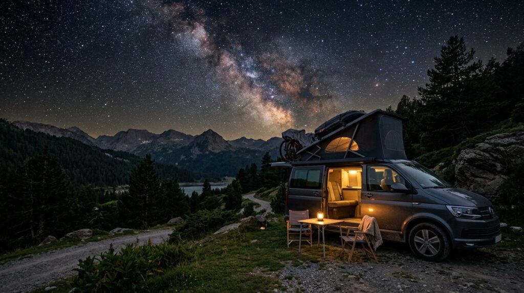 Furgoneta camper aparcada de noche en un paraje natural tranquilo con estrellas en el cielo