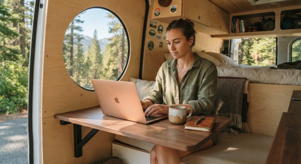 Persona trabajando con portátil en una mesa pequeña dentro de una furgoneta camper con vistas a la naturaleza