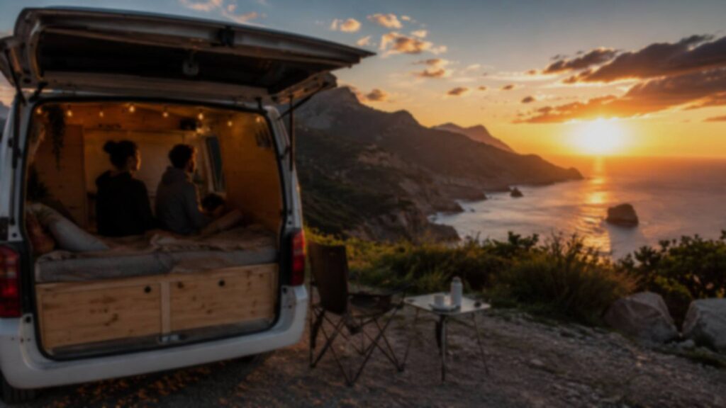 Pareja disfrutando del atardecer en la furgoneta camperizada con vistas al mar