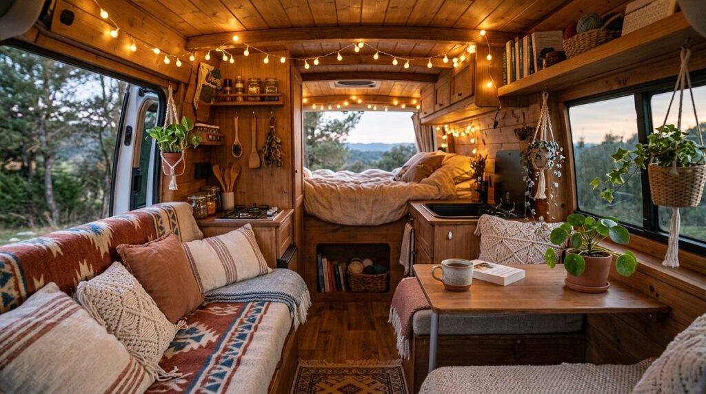 Interior decorado de una furgoneta camper con luces cálidas, plantas colgantes y textiles