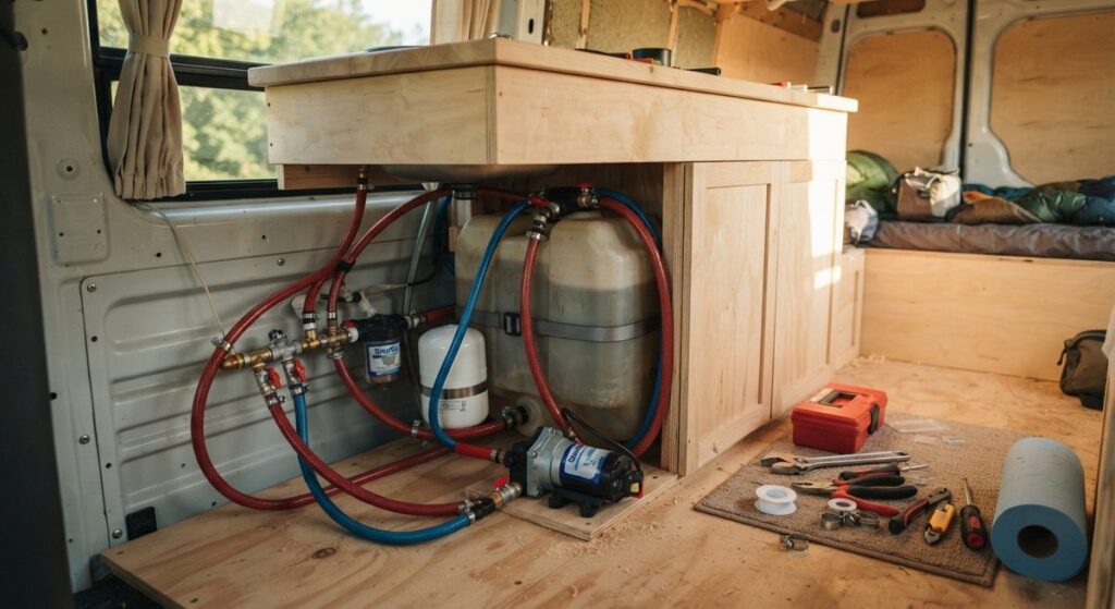 Instalación de fontanería con depósito de agua y bomba bajo un mueble de madera en una furgoneta camperizada