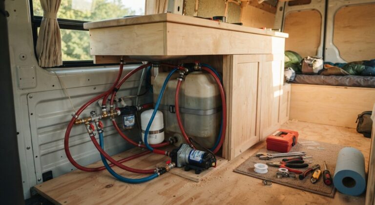 Instalación de fontanería con depósito de agua y bomba bajo un mueble de madera en una furgoneta camperizada