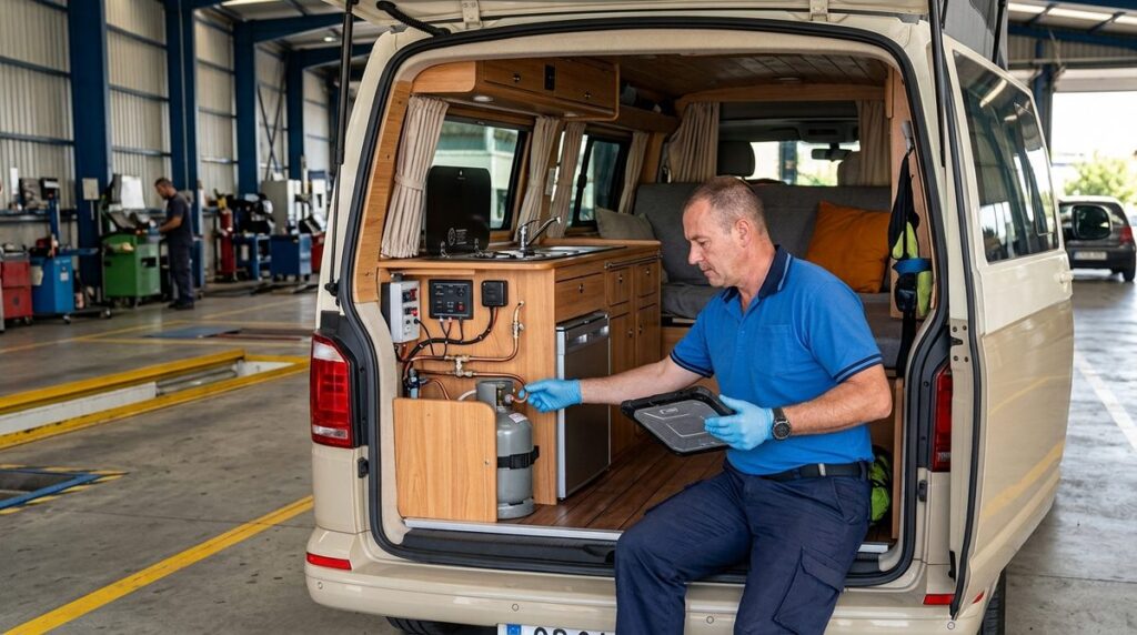 Inspector técnico revisando el interior de una furgoneta camperizada en una estación de ITV