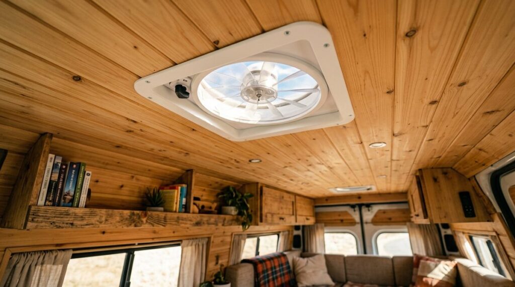 Interior de una furgoneta camper visto desde abajo con un ventilador cenital instalado en el techo