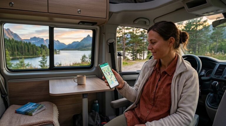 Persona consultando una aplicación de mapa en su móvil dentro de una furgoneta camper aparcada en la naturaleza