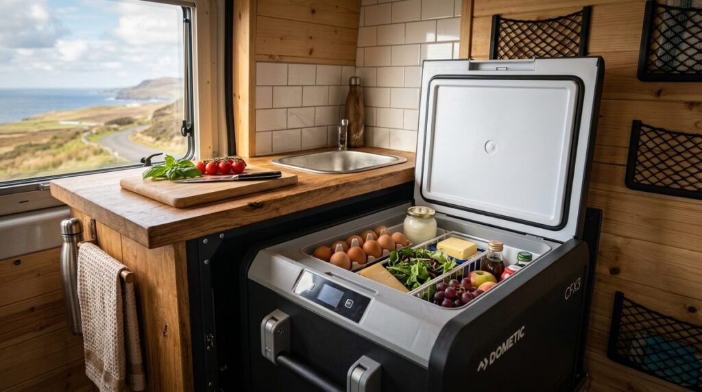 Nevera de compresor portátil instalada bajo la encimera de una furgoneta camper