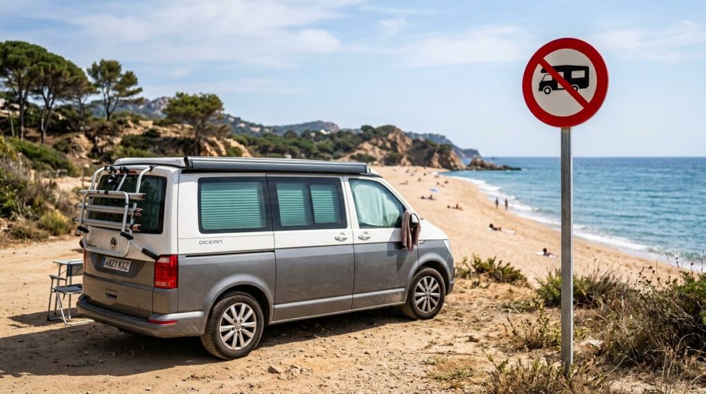 Furgoneta camper aparcada junto a una señal de prohibido acampar en una zona de playa