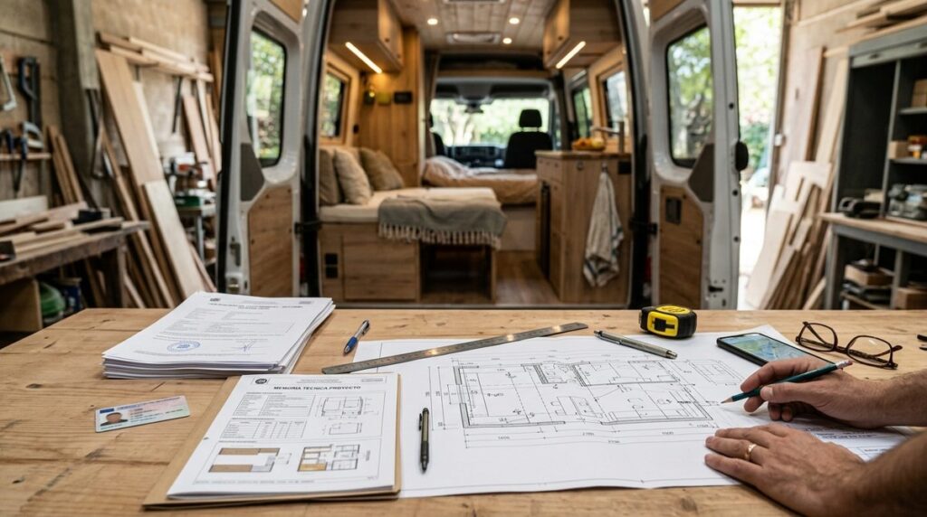 Planos técnicos y documentos de certificación sobre una mesa junto a una furgoneta camper