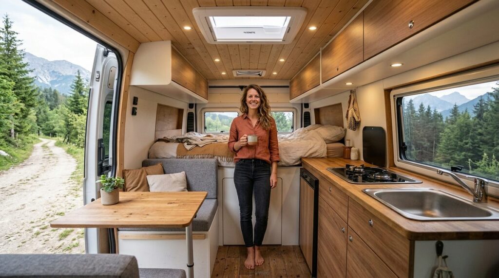 Interior de una furgoneta camper con una persona de pie cómodamente mostrando la altura del techo