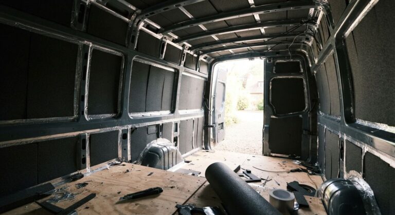 Interior de una furgoneta con las paredes y el techo aislados con planchas de Armaflex sobre la chapa