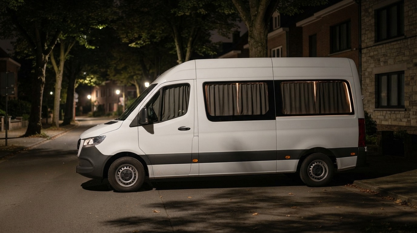 Furgoneta camper aparcada de noche en una calle tranquila