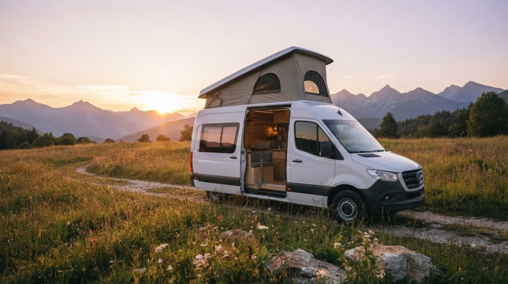 Furgoneta camper con el techo elevable abierto, aparcada en un prado de montaña al atardecer