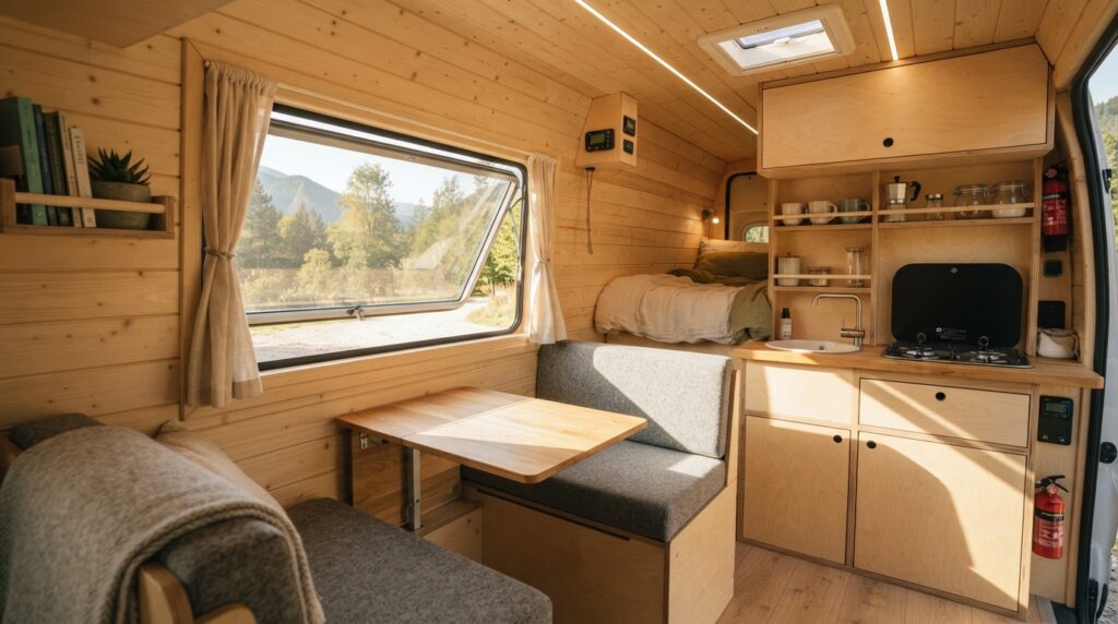 Interior de una furgoneta camper con una ventana practicable en el lateral y luz natural entrando