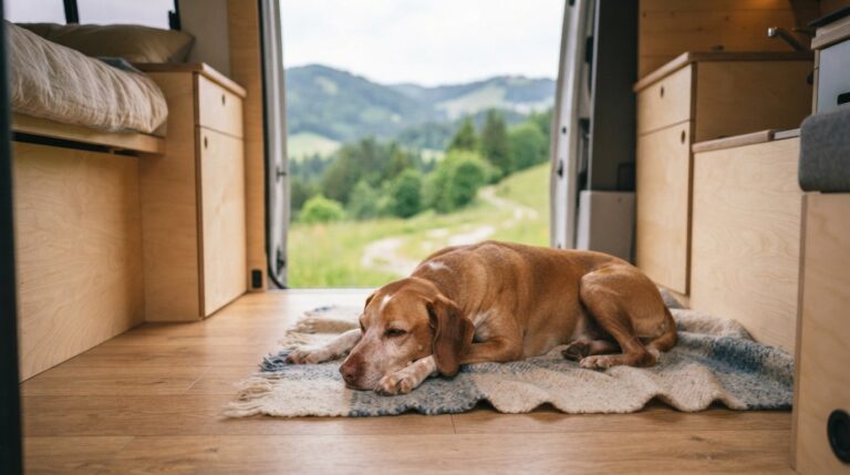 Perro tumbado sobre una manta en el interior de una furgoneta camper con la puerta lateral abierta