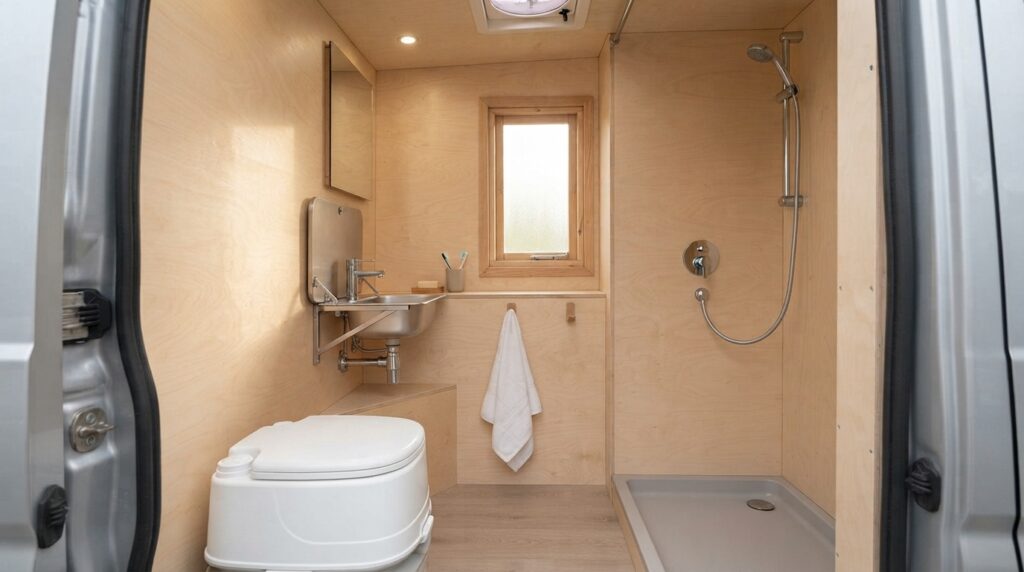 Cuarto de baño compacto en una furgoneta camper con inodoro portátil, lavabo y plato de ducha